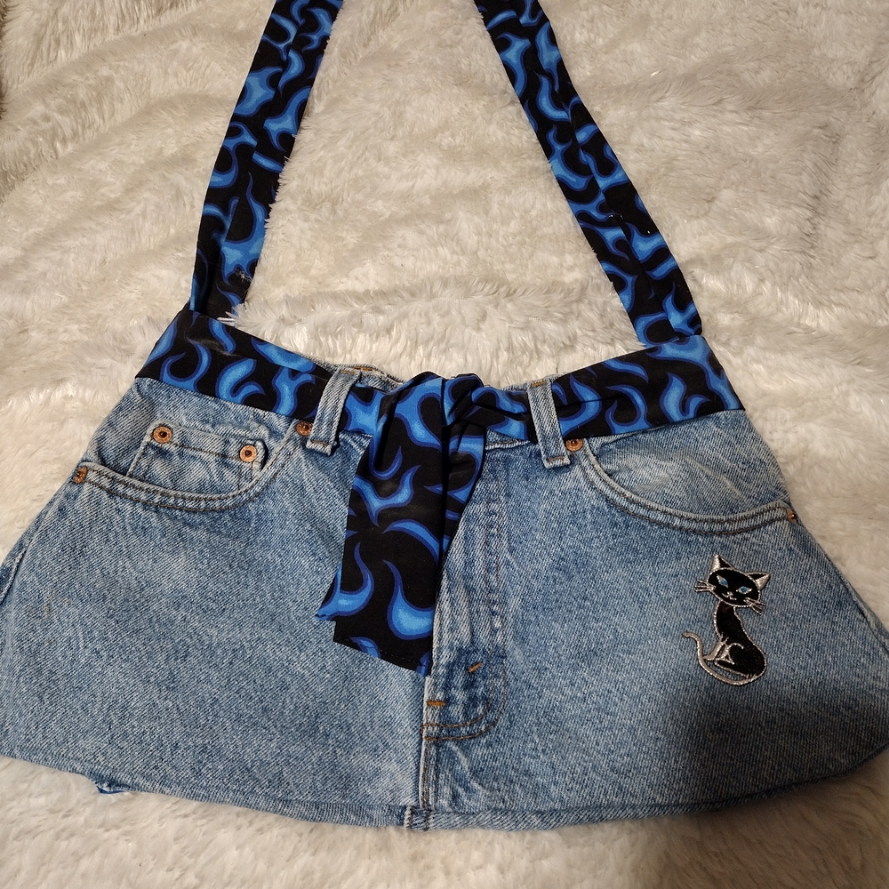 Denim Hand Crafted Levis Purse Tote Beachbag/ Blue Flame Strap and Cat Patch!